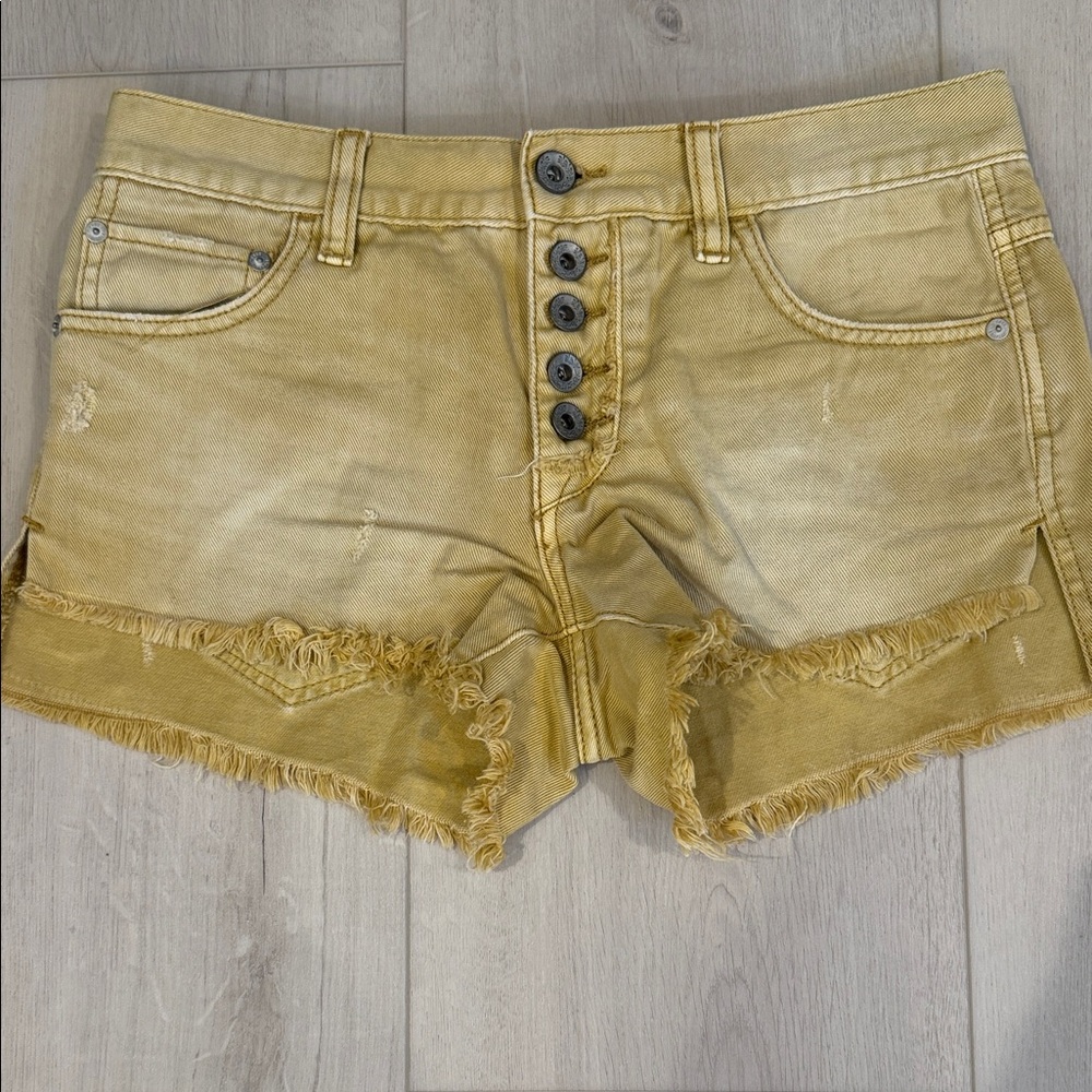 Free People High Low Yellow Washed Denim Shorts 24
